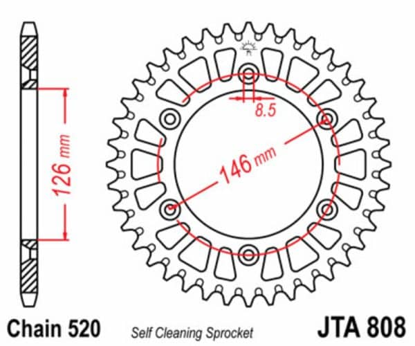 JT SPROCKETS Aluminium Ultralätt Självrengörande Bakdrev 808 - 520