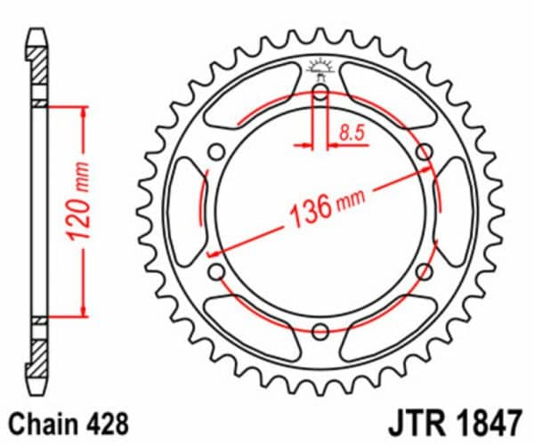 JT SPROCKETS Stål Standard Bakdrev 1847 - 428
