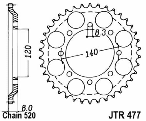 JT SPROCKETS Stål Standard Bakdrev 477 - 520