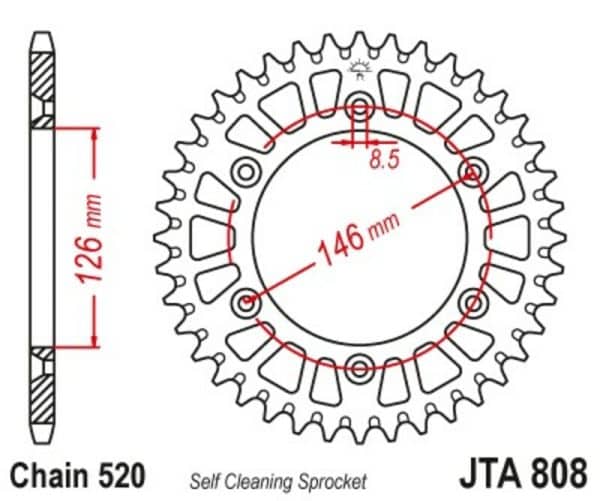 JT SPROCKETS Aluminium Ultralätt Självrengörande Bakdrev 808 - 520