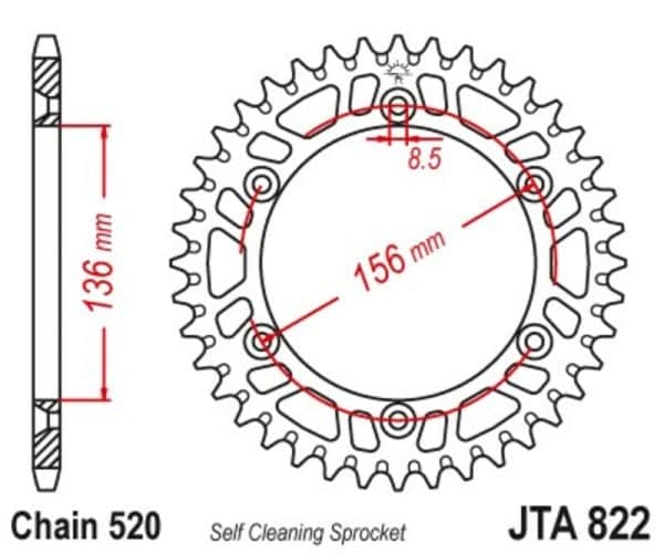JT SPROCKETS Aluminium Ultralätt Självrengörande Bakdrev 822 - 520