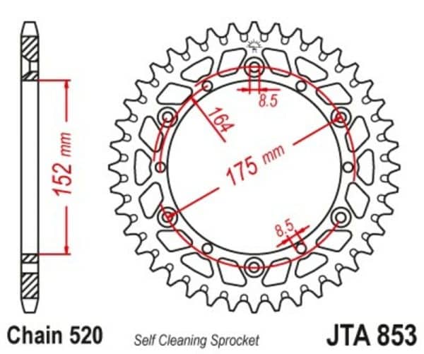 JT SPROCKETS Aluminium Ultralätt Självrengörande Bakdrev 853 - 520